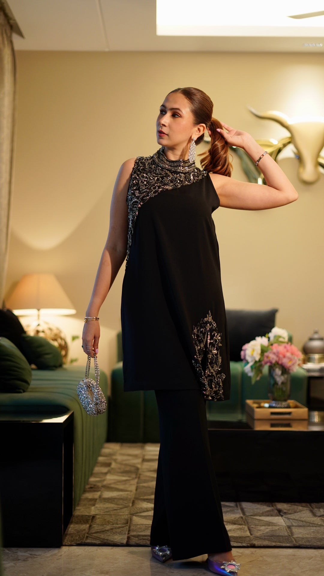 Embellished black kurta set
