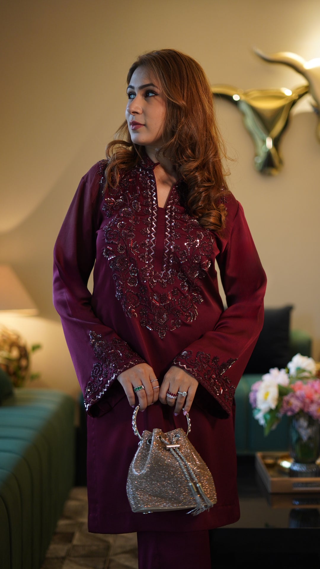 Embroidered Maroon kurta set