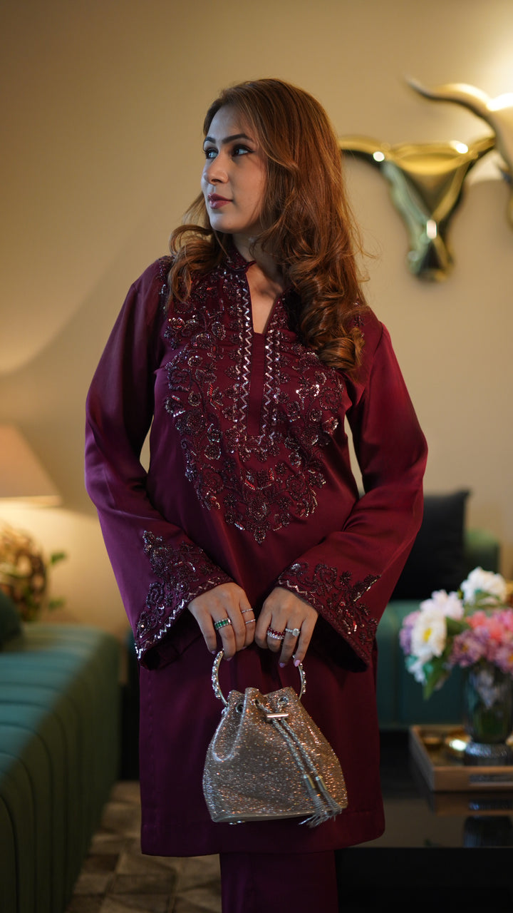 Embroidered Maroon kurta set