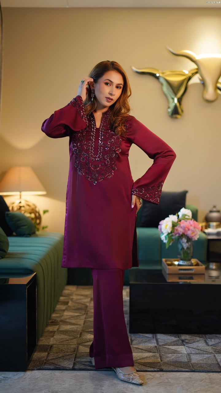 Embroidered Maroon kurta set