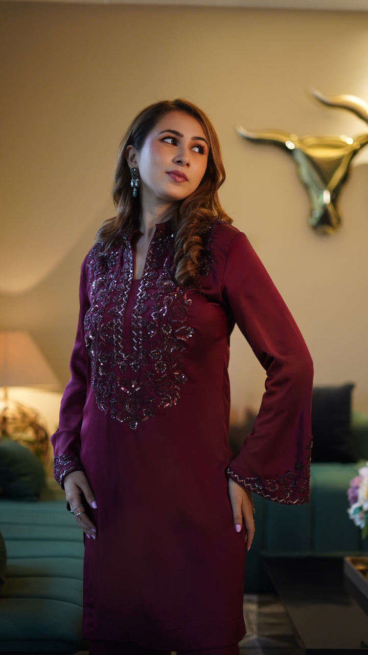Embroidered Maroon kurta set