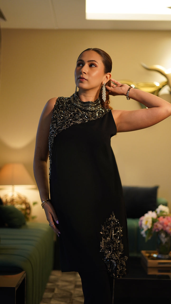 Embellished black kurta set