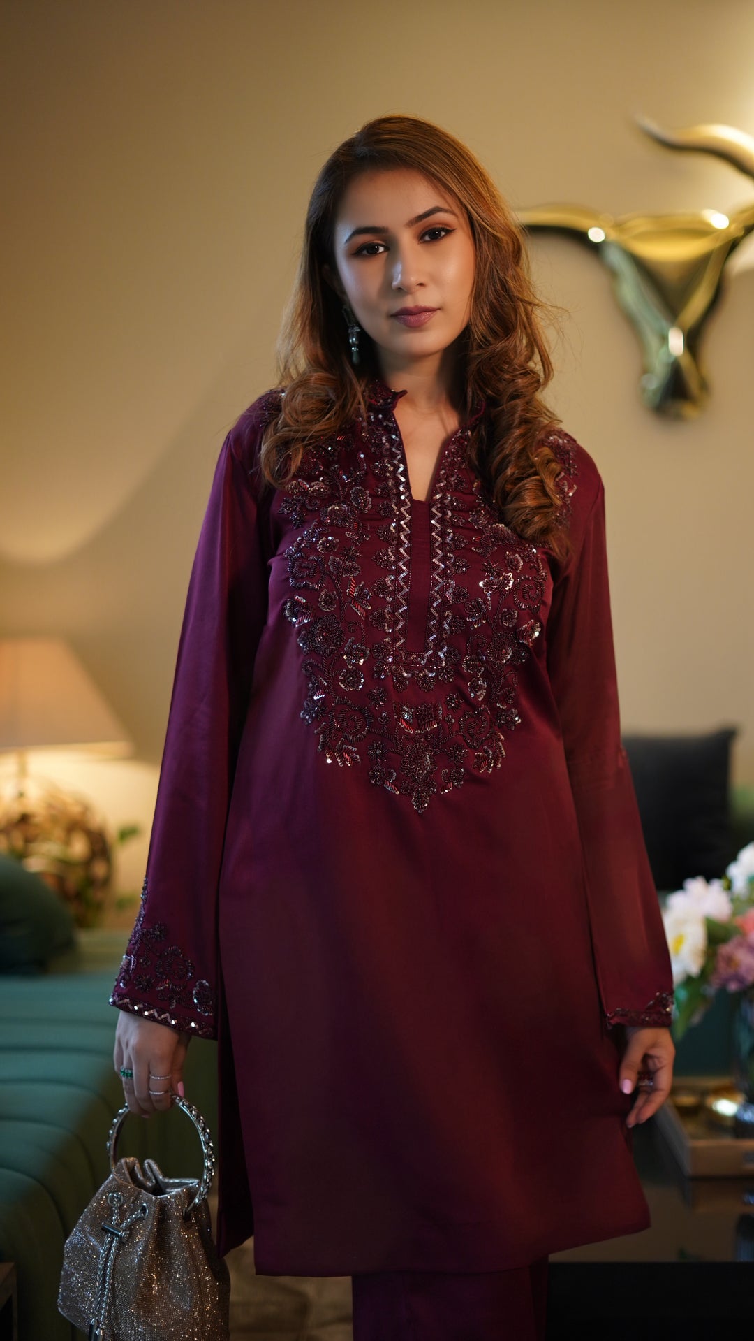 Embroidered Maroon kurta set