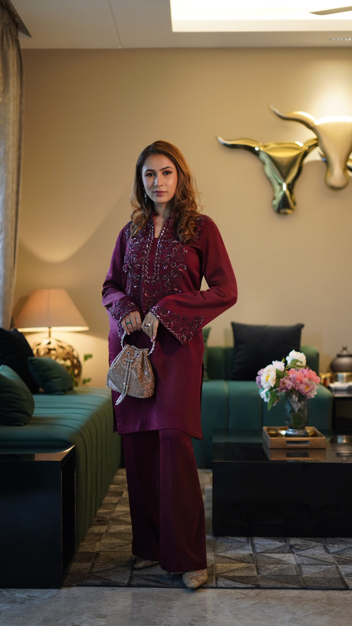 Embroidered Maroon kurta set