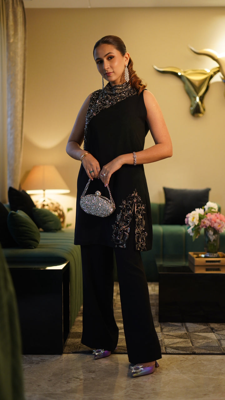 Embellished black kurta set