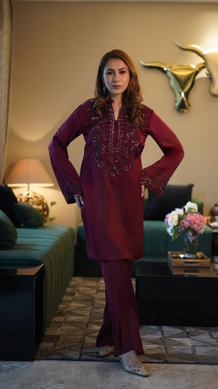 Embroidered Maroon kurta set